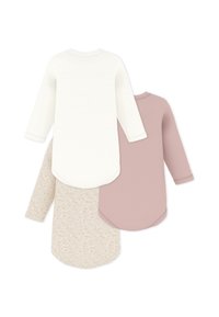 Trys marškiniai ilgomis rankovėmis, pagaminti iš kreminės, šviesiai rožinės ir smėlio spalvos marginto audinio; apvali apačia; minkšta tekstūra; paprastas dizainas be puošmenų.