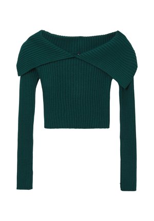 Rippiertes, türkisfarbenes Off-Shoulder-Oberteil mit langen Ärmeln und weitem Kragen. Eng anliegendes Design, weicher Stoff und cropped Länge.