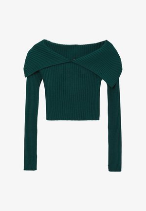 Top azzurro pastello a coste con spalle scoperte, maniche lunghe e colletto ampio. Design aderente, texture morbida e lunghezza crop.