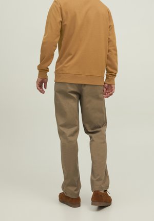 Felpa color tan con maniche lunghe, abbinata a pantaloni khaki. I pantaloni hanno una vestibilità ampia, e scarpe in suede marroni completano il look.