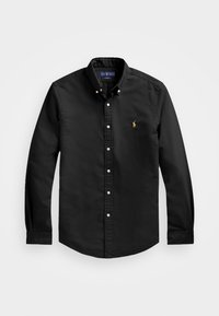 Schwarzes Button-Down-Hemd aus Baumwolle, mit einem Kentkragen, langen Ärmeln und einem kleinen gestickten Logo auf der linken Brust.