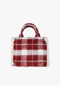 Borsa a quadretti rossi e bianchi con texture morbida e soffice e bordi sfrangiati. Due manici arrotondati per il trasporto. Forma quadrata.