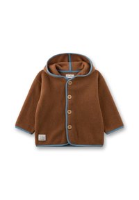 Braune Kinderfleecejacke mit blauen Akzenten, vier Holzknöpfen, Kapuze und einem kleinen weißen Patch auf der linken Vorderseite.