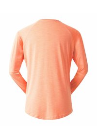 Langärmliges Shirt in hellkorallenfarbe, aus glattem, leichtem Material mit abgerundetem Saum und Raglanärmel.
