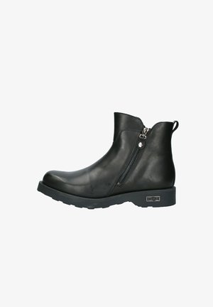 Bottines en cuir noir avec fermeture éclair sur le côté, bout rond, surface texturée et semelle en caoutchouc. Dispose d'un petit tirant au talon.