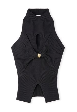 Zwart geribd gebreid haltertop met een centrale sleutelgat en gedraaide voorkant, bevestigd met een gouden gesp.
