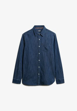 Denim shirt in dark blue with long sleeves, button front, pointed collar, and a chest pocket. Soft texture with subtle pattern.