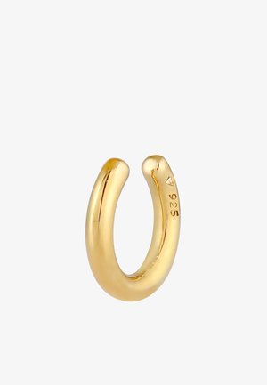 Cercel din metal de culoare aurie, cu o suprafață netedă și lucioasă. Prezintă un design în formă de U. Este marcat cu "925", indicând conținutul de argint sterling.