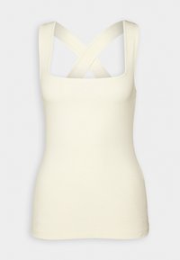 Rippenshirt in Creme mit quadratischem Ausschnitt und überkreuzten Rückenträgern. Glatte Textur, taillierte Form und keine weiteren Muster oder Akzente.