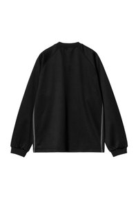 Sudadera negra con mangas largas tipo raglán, cuello redondo y acentos laterales. Presenta una textura suave y un diseño minimalista sin logotipos visibles.