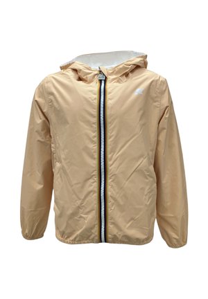 Giubbotto impermeabile beige chiaro con cappuccio, dotato di una cerniera frontale con strisce nere e bianche. Texture liscia, senza tasche né decorazioni.