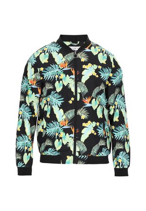 Schwarze Bomberjacke mit einem tropischen Blatt- und Blumenmuster in Grün, Gelb und Orange. Mit Reißverschluss und gerippten Bündchen.