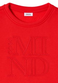 Felpa rossa con testo in rilievo "open MIND" in diverse dimensioni di carattere. Presenta un collo rotondo e un tessuto morbido e texturizzato. Etichetta del marchio: CECIL.