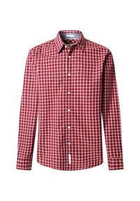 Camicia a maniche lunghe scozzese rossa e bianca con colletto button-down e bottoni frontali, realizzata in un tessuto testurizzato e dotata di un'etichetta sull'orlo.