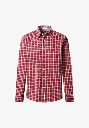 Rdeča in bela pokrovna srajca z dolgimi rokavi, z ovratnikom na gumb in sprednjimi gumbi, ki ima teksturo in oznako na robu.