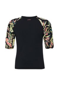 Mustapaitainen rash guard lyhyillä hihoilla, joissa on värikäs trooppinen lehtikuvio hihoissa. Sileä kangas, jossa on istuva muotoilu.