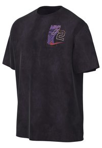 Black short-sleeve T-shirt with a faded wash. Features a colorful graphic with a number and basketball design on the left chest area.