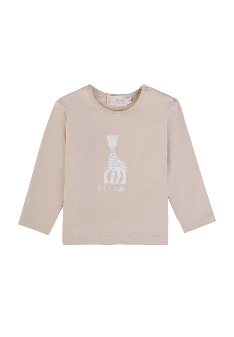 Camicia beige in cotone a maniche lunghe con una silhouette bianca di una giraffa e il testo "SOPHIE LA GIRAFFE" sotto il design.