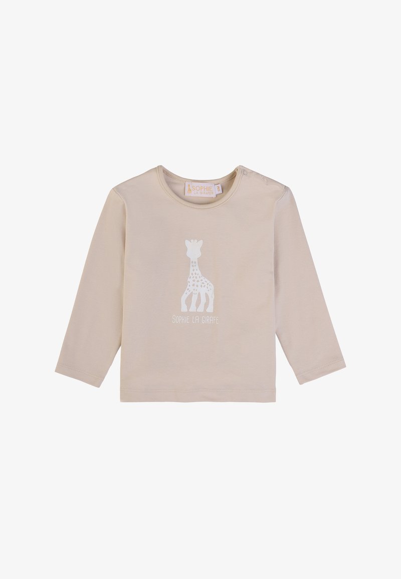 Camicia beige in cotone a maniche lunghe con una silhouette bianca di una giraffa e il testo "SOPHIE LA GIRAFFE" sotto il design.