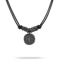 Zwarte leren ketting met een ronde, gestructureerde zwarte hanger met een kompasontwerp, verfraaid met cilindrische kralen.