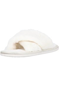 Vita fluffiga tofflor med öppen tå, mjuk textur, tjockt pälsliknande material och en platt vit sula. Rundad design utan synlig hårdvara.