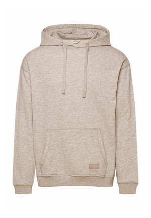 Beige hoodie with a drawstring hood, kangaroo pocket, ribbed cuffs, and hem; made of soft, textured fabric. Branding label on pocket.