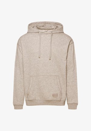 Beige hoodie with a drawstring hood, kangaroo pocket, ribbed cuffs, and hem; made of soft, textured fabric. Branding label on pocket.