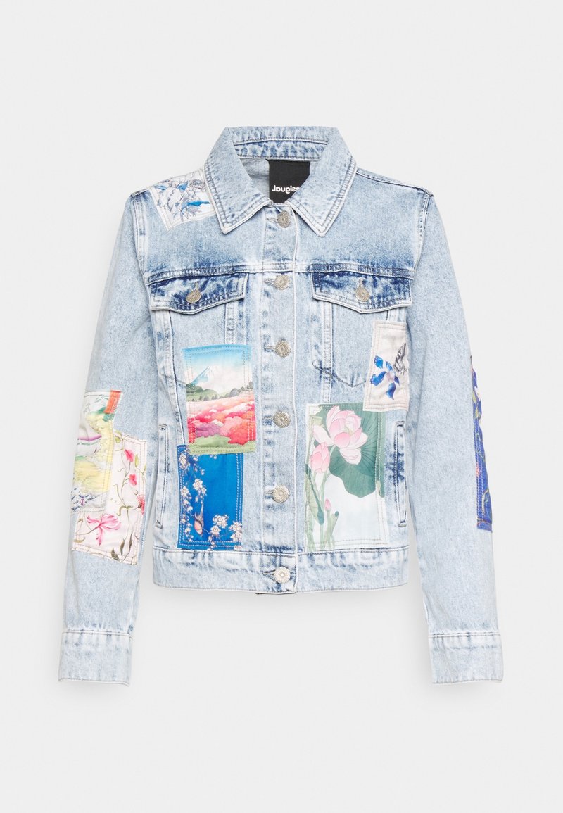Denim jacket featuring a light blue wash, classic cut, decorative multi-colored fabric patches, and silver-tone button closure.