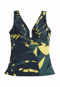 Débardeur à motifs verts et jaunes avec un décolleté en V profond, des lignes épurées et un corsage ajusté. Fabriqué en tissu lisse et extensible.