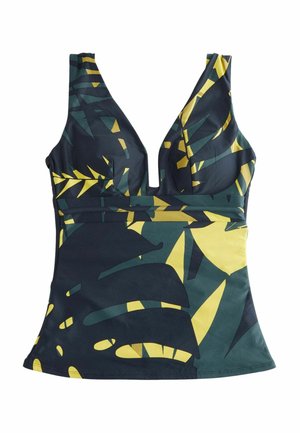 Débardeur à motifs verts et jaunes avec un décolleté en V profond, des lignes épurées et un corsage ajusté. Fabriqué en tissu lisse et extensible.