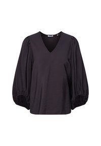 Sort V-halsbluse med puffede ærmer og elastiske manchetter, der har et struktureret stof for ekstra visuelt interesse.