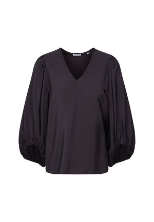 Zwarte V-halsblouse met pofmouwen en elastische manchetten, voorzien van een textuurstof voor extra visuele interesse.