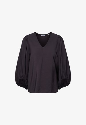Zwarte V-halsblouse met pofmouwen en elastische manchetten, voorzien van een textuurstof voor extra visuele interesse.