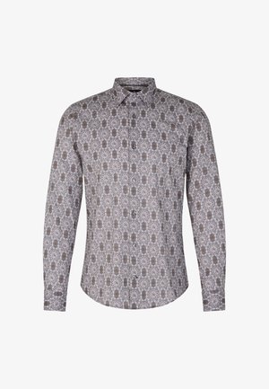 Koszula z długim rękawem w brązowo-beżowych odcieniach z złożonymi wzorami kwiatowymi i abstrakcyjnymi. Posiada klasyczny kołnierzyk oraz zapinanie na guziki z przodu.