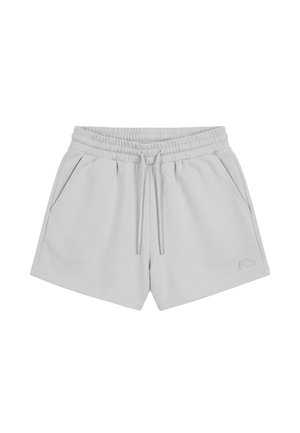 Jasnoszare casualowe spodenki z elastycznym pasem, sznurkiem, bocznymi kieszeniami oraz małym haftowanym logo na lewej nodze.