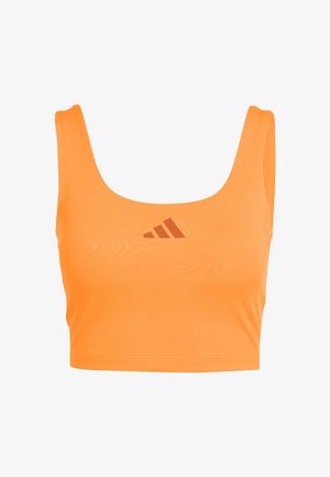 Top sportivo corto arancione brillante con spalline larghe e piccolo logo Adidas arancione scuro al centro del petto.