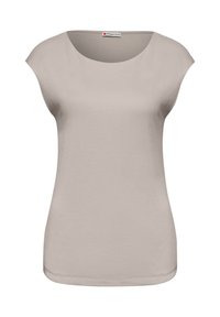 Haut pour femmes à manches courtes de couleur beige clair avec un col rond et une étiquette "Street One" au col.