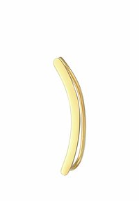 Goldfarbene, gebogene Metallohrringe mit einem schlanken, minimalen Design, einer glatten Textur und einer länglichen Form, die etwa 5 cm misst.