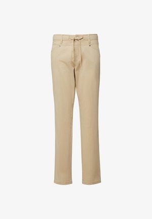 Beżowe spodnie o prostych nogawkach z przednimi kieszeniami, szlufkami na pasek, zapięciem na guzik oraz detalem w postaci sznurka w talii.