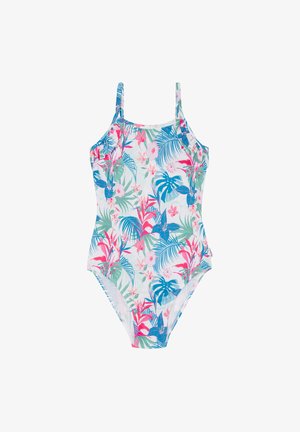 Vienos dalies maudymosi kostiumėlis su reguliuojamomis juostelėmis, turintis baltą foną ir spalvingą tropinių gėlių raštą, sudarytą iš rožinės, žalios ir mėlynos spalvų.