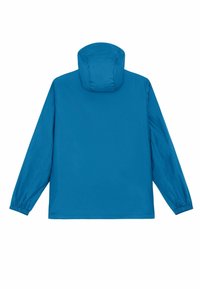 Veste légère bleue à capuche vue de dos, avec manches longues et poignets élastiques sur fond blanc.