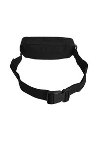 Borsa in tessuto nera a vita con zip superiore, cintura regolabile e fibbia in plastica. Texture liscia, design compatto, adatta per gli essenziali.