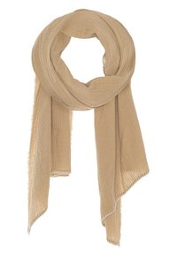 Lekki beżowy szalik wykonany z teksturowanej tkaniny, charakteryzujący się miękkim, pomarszczonym wyglądem i postrzepionymi brzegami dla swobodnego stylu.