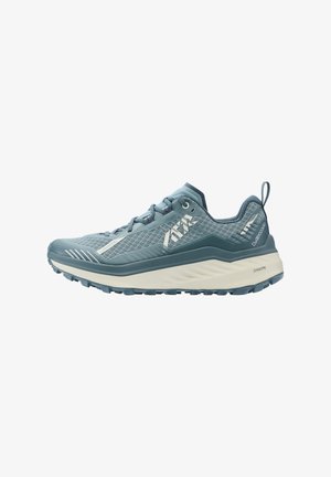 Blue and gray trail running shoe with mesh upper, laces, cushioned white midsole, and textured rubber outsole.