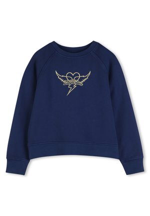 Tengerészkék pulóver kerek nyakkal, hosszú ujjakkal, elöl arany szárnyas szív, villám és stilizált szöveg mintával.