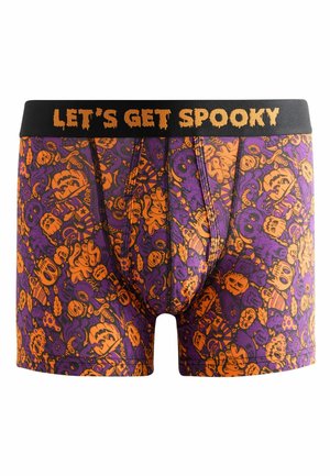 Męskie bokserki z motywem Halloween w kolorze fioletowym z pomarańczowymi, strasznymi czaszkami, duchami i dyniami, z "LET'S GET SPOOKY" na czarnym pasie.