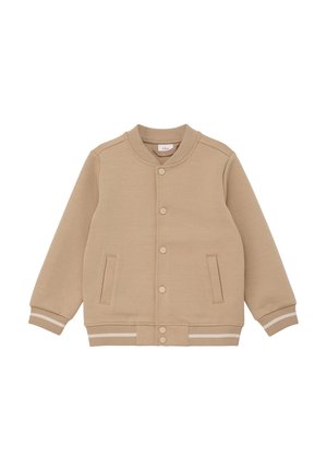 Veste bomber beige avec col, poignets et ourlet côtelés, boutons-pression à l'avant et deux poches latérales.