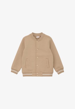 Beige bomberjakke med ribbet krave, manchetter og kant, forreste trykknapper og to sidelommer.