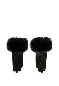 Svart lærhansker med en fluffy svart pelsmansjett ved håndleddet. Jevn tekstur, tettsittende design og full dekning for varme.
