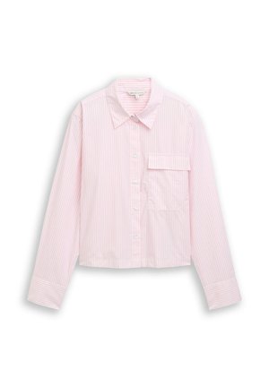 Lichtroze en wit gestreept overhemd met lange mouwen, verticale strepen, knopen aan de voorkant, een puntige kraag, een grote borstzak met klep en mouwen met manchetten.